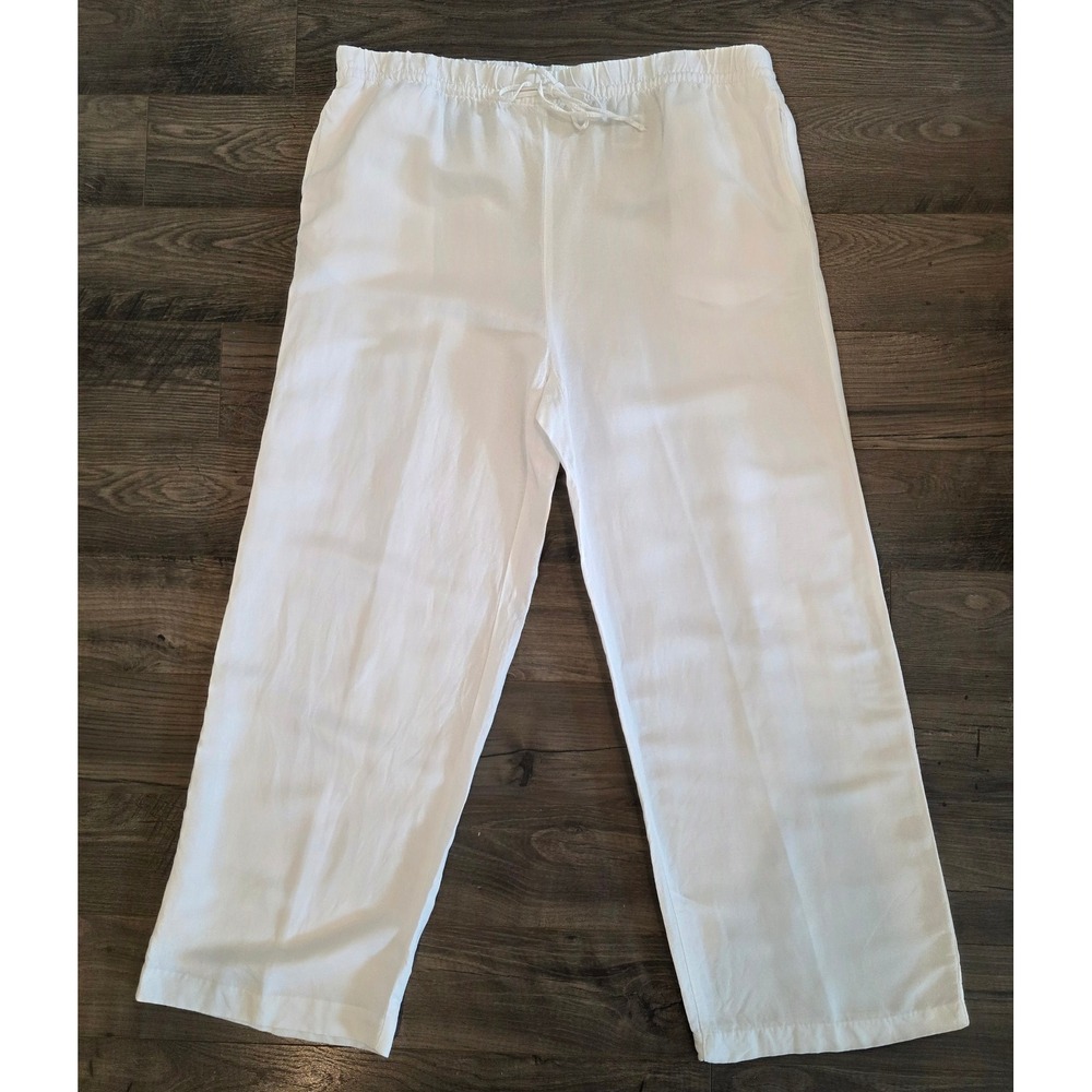 Women's sz XL White Linen Blend Drawstring Wide Leg Pants High Rise Summer